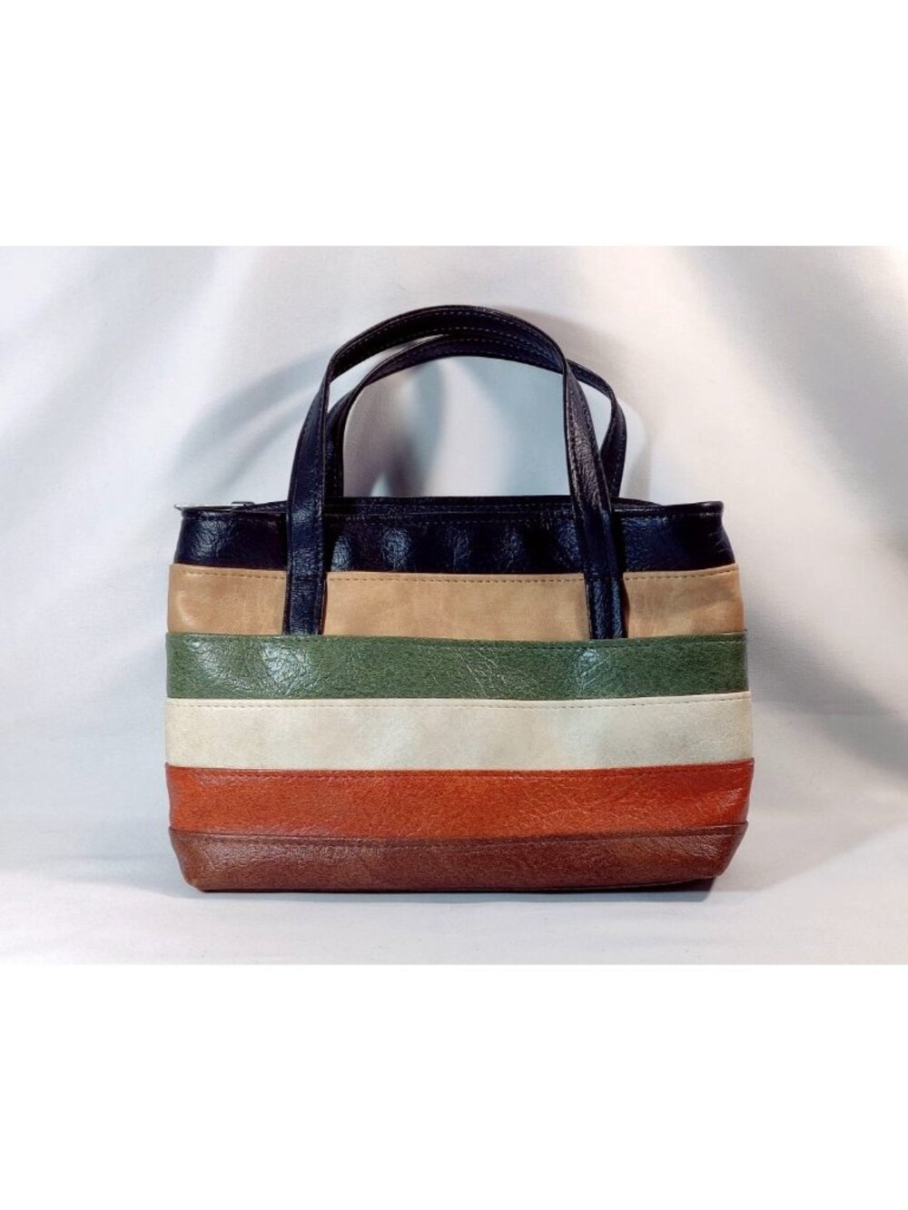Vtg 70s Purse Tote Bag Faux Leather Color Block Striped Fall Colors Top Handles